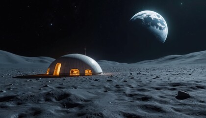 Night lunar base illuminated under dark sky of moon with earth visible. Futuristic settlement colony, space exploration, research. Science fiction lunar landscape with dome buildings.