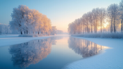 Winter Sunrise Paints Frost-covered Trees And Their Reflections In A Tranquil Frozen River, Showcasing A Peaceful, Ethereal Beauty In Soft Light