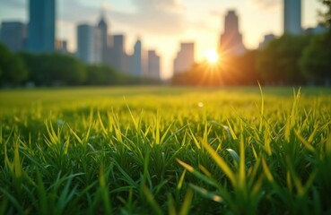 Grass field on background of modern city buildings at sunset. Summer sunny day in park. Scenic nature, environment in urban area. Eco theme photo. Green lawn in town.