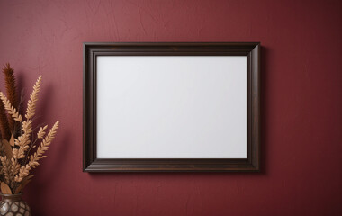 A dark wooden frame mockup on a maroon wall, vase with dried flowers in the corner.