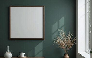 A wooden frame mockup on a dark green wall, dried twigs, window on the right.