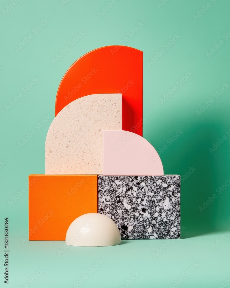 Aufkleber minimalist geometric color block display bold sculptural product with textural terrazzo and retro pa