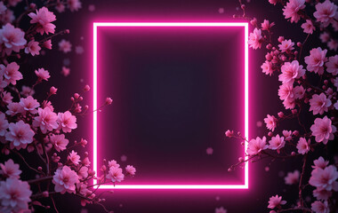 Pink cherry blossoms frame a glowing neon square on a dark background, blending nature and modern light.