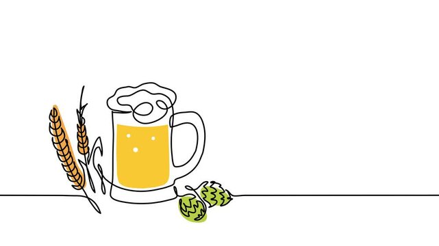 Beer mug, hop and barley spikelet single line animated illustration. One continuous self drawing line animation, footage of craft beer