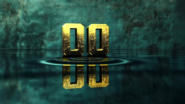Golden 00 reflected on dark water, textured background, countdown timer