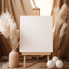 Blank canvas mockup on wooden easel.