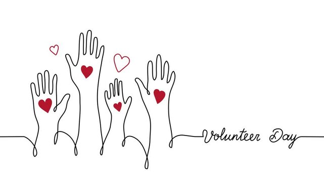 Volunteer day single line animated illustration with rised up hands and hearts. One continuous self drawing line animation, footage