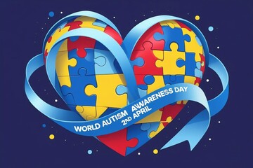 A heart-shaped puzzle made of blue, yellow, and red pieces is embraced by a flowing light blue awareness ribbon. 