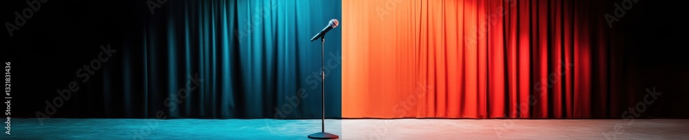 Aufkleber cinematic performance narratives retro microphone illumination in color-blocked stage design - immer