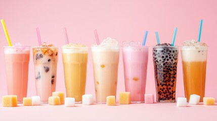 A collection of bubble milk tea and soft drinks, with sugar content represented by sugar cubes beside each drink. Clean, modern layout.