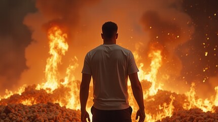 Obraz premium Dramatic young man witnessing fire at night