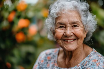 Happy elderly woman smiling outdoors in nature