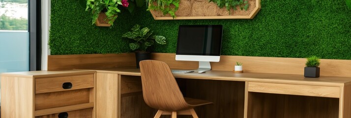 Stylish home office featuring wooden desk, computer, and indoor plants, green wall, minimalistic design