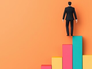 Minimalist human figure walking up digital financial growth bars, representing economic empowerment