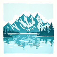 Teal and Blue Mountain Lake Reflection in Paper Cut Style