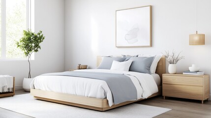 Clean and elegant Scandinavian bedroom with light wooden furniture, pale grey and beige tones and minimalist style.