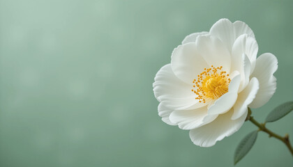 A close-up of a white cherokee rose against a light green background.