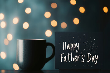 Happy Father's Day card with cup in soft focus, warm lighting, and bokeh effects