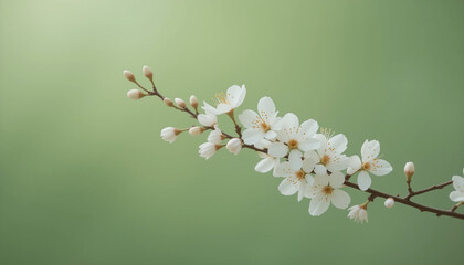 White cherry blossoms on a branch with visible buds, against a soft green background.