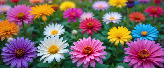 A large number of colorful daisies in a field.