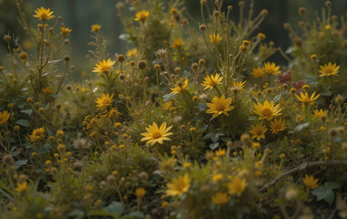 A field of yellow wildflowers with soft green foliage, creating a dreamy, natural landscape with a gentle, diffused light.