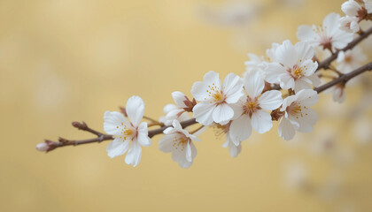 White blossoms on a branch against a blurred yellow background.