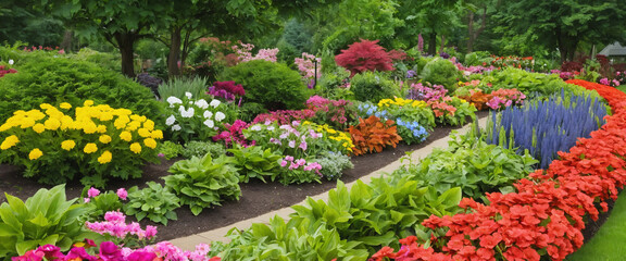 A garden view with colorful flowers and green bushes.