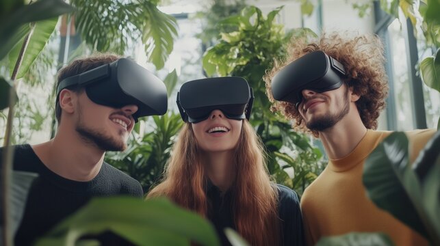 Virtual reality experience in lush greenhouse nature group activity