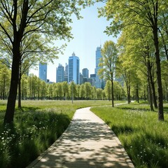Serene Park City Path with Modern Backdrop