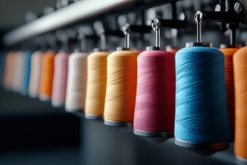 Colorful spools of thread hanging in a modern textile factory