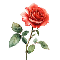 Fototapeta premium A watercolor painting of a red rose with green leaves on a white background.