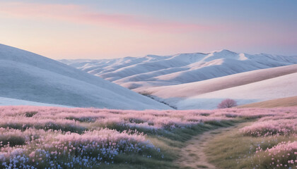 Rolling hills fade into distant mountains, a path cuts through a field of lavender blooms under a soft, pastel dawn sky.