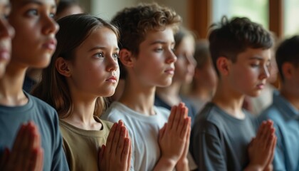 Teen prayer group in solemn reflection. Diverse children praying together, hands clasped. Moment of spirituality, hope, inspiration. Religious bonding, unity, community, encouragement, Christian