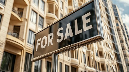 Naklejka premium Modern apartment building with a prominent 'FOR SALE' sign in front, indicating a property listing.