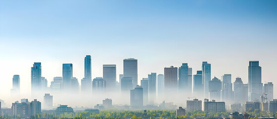 Modern City Skyline Shrouded In Morning Fog With Contemporary Architecture And A Low Angle View