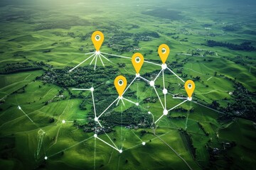 Aerial View of Rural Landscape with IoT Connectivity and GIS Mapping Technology for Sustainable Smart Travel Solutions 