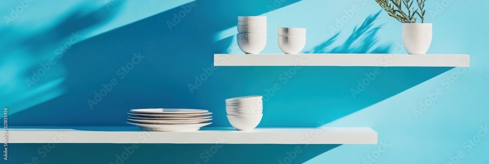 Aufkleber tranquil nordic minimalism floating geometric shelving with ceramic kitchenware - modern interior de
