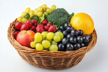 Basket of fresh, colorful fruit and vegetables on rustic wooden table, with natural light illuminating the abundance of produce.