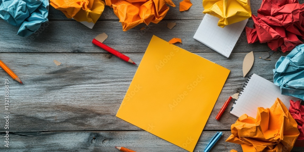 Poster creative brainstorming workspace minimalist productivity layout with vibrant crumpled paper, digital