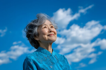 An elderly woman smiles at a bright blue sky with fluffy clouds in a peaceful setting