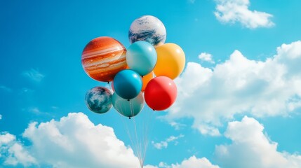 Helium balloons in the shape of planets of the solar system