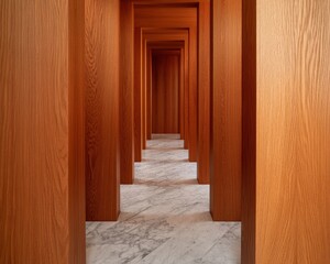 Minimalist Architectural Perspective Warm Wood-Paneled Corridor with Geometric Marble Flooring - Luxe Interior Design Showcasing Spatial Depth and Elegant Symmetry