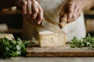Artisanal Farm-to-Table Craftsmanship Mid-Career Farmer Slicing Rustic Aged Cheese with Handcrafted Knife - Sustainable Culinary Heritage and Slow Food Movement