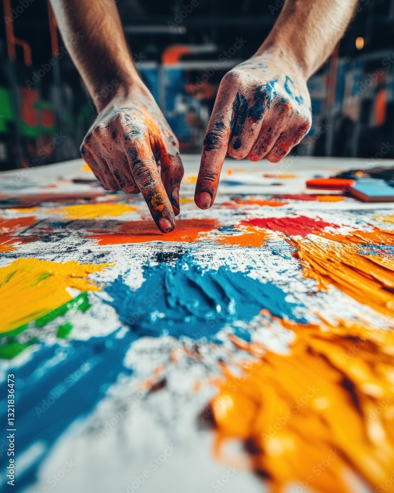 Poster tactile creative expression immersive mixed-media art experience showcasing vibrant color theory, dy