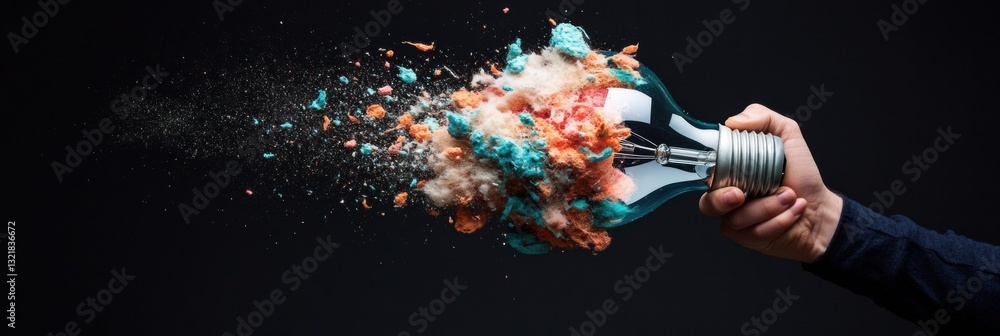 Poster Next-Gen Innovation Visualization Explosive Digital Creativity Breakthrough with Dynamic Particle Lightbulb Design for Future Business Transformation