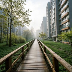 Dreamlike Misty Boardwalk Between Buildings