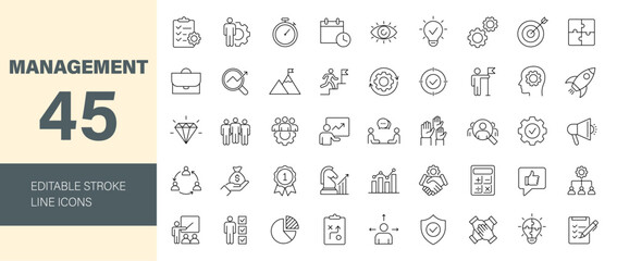Management icon set. Business related icons: teamwork, core value, vision, mission, goal, target, function, principle and more. Editable line icons. Vector illustration.