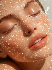 Fototapeta premium A woman enjoys a calming spa experience as glistening water droplets rest on her face