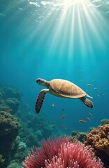 Naklejka premium Sea turtle swims over coral reef in clear turquoise ocean. Sun rays shine underwater on peaceful marine life. Green turtle surrounded by small fish, sea grass. Concept of environment, travel,