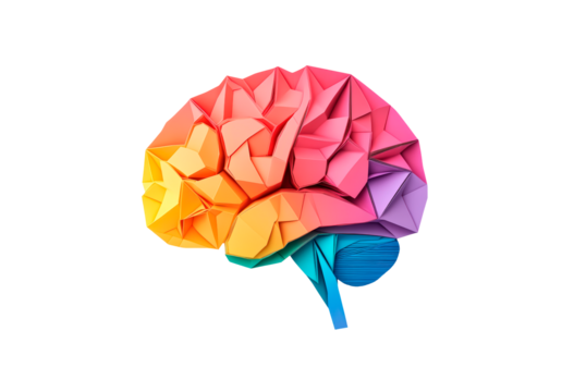 Colorful origami brain model isolated on transparent background